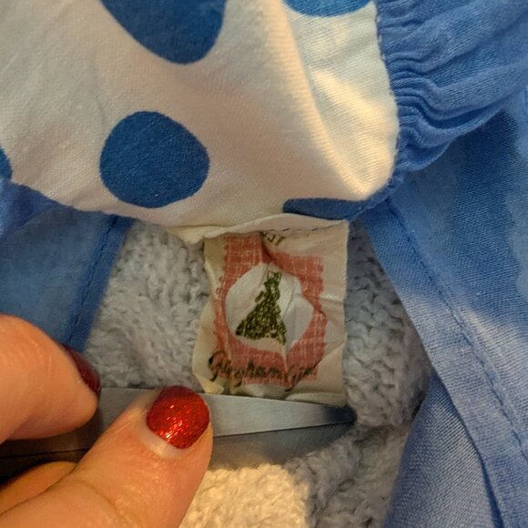 Gingham Girl Vintage Semi Sheer Tie Back Half Apron Pocket Polka Dot Blue 1970s - Picture 8 of 8